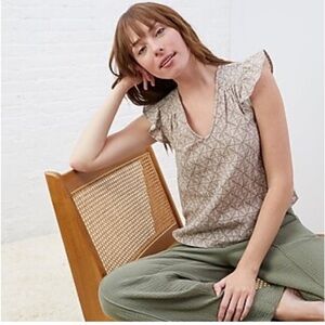 Upwest Women's Geometric Neutral Coastal Cotton V-Neck Popover Top S NWT